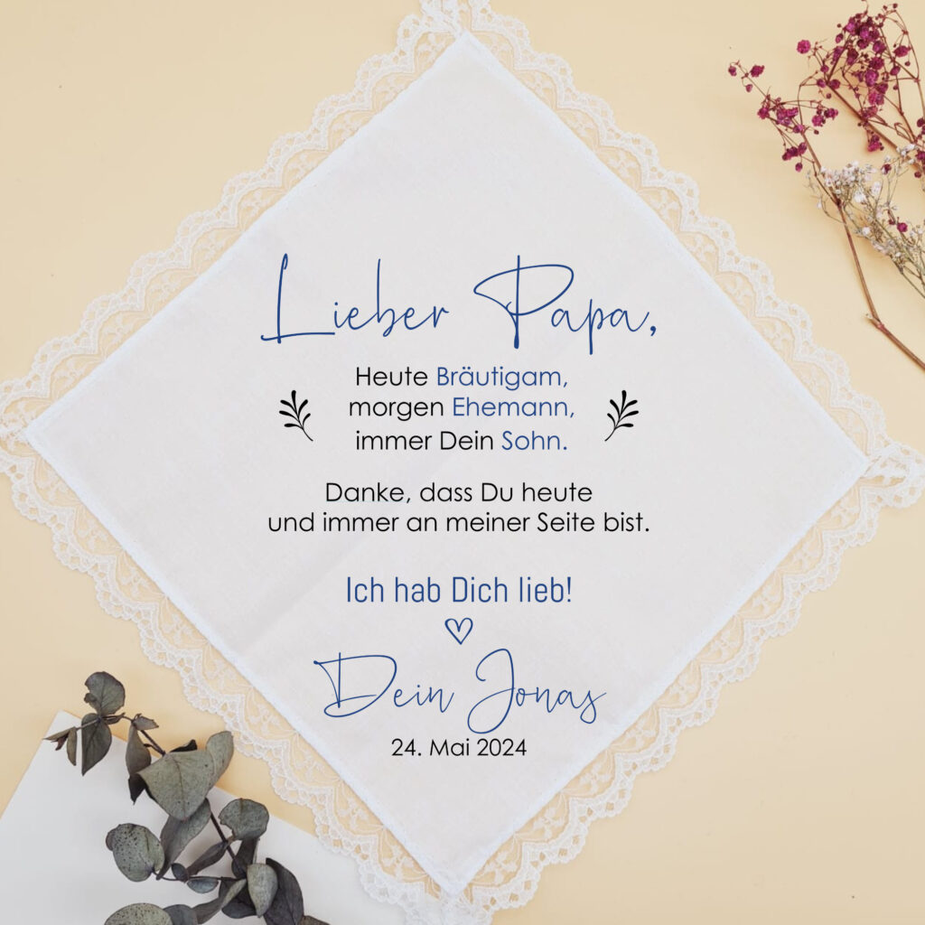 Stofftaschentaschentuch "Bräutigam, Ehemann, Sohn" für die Freudentränen, personalisiertes Taschentuch für die Brauteltern zur Hochzeit
