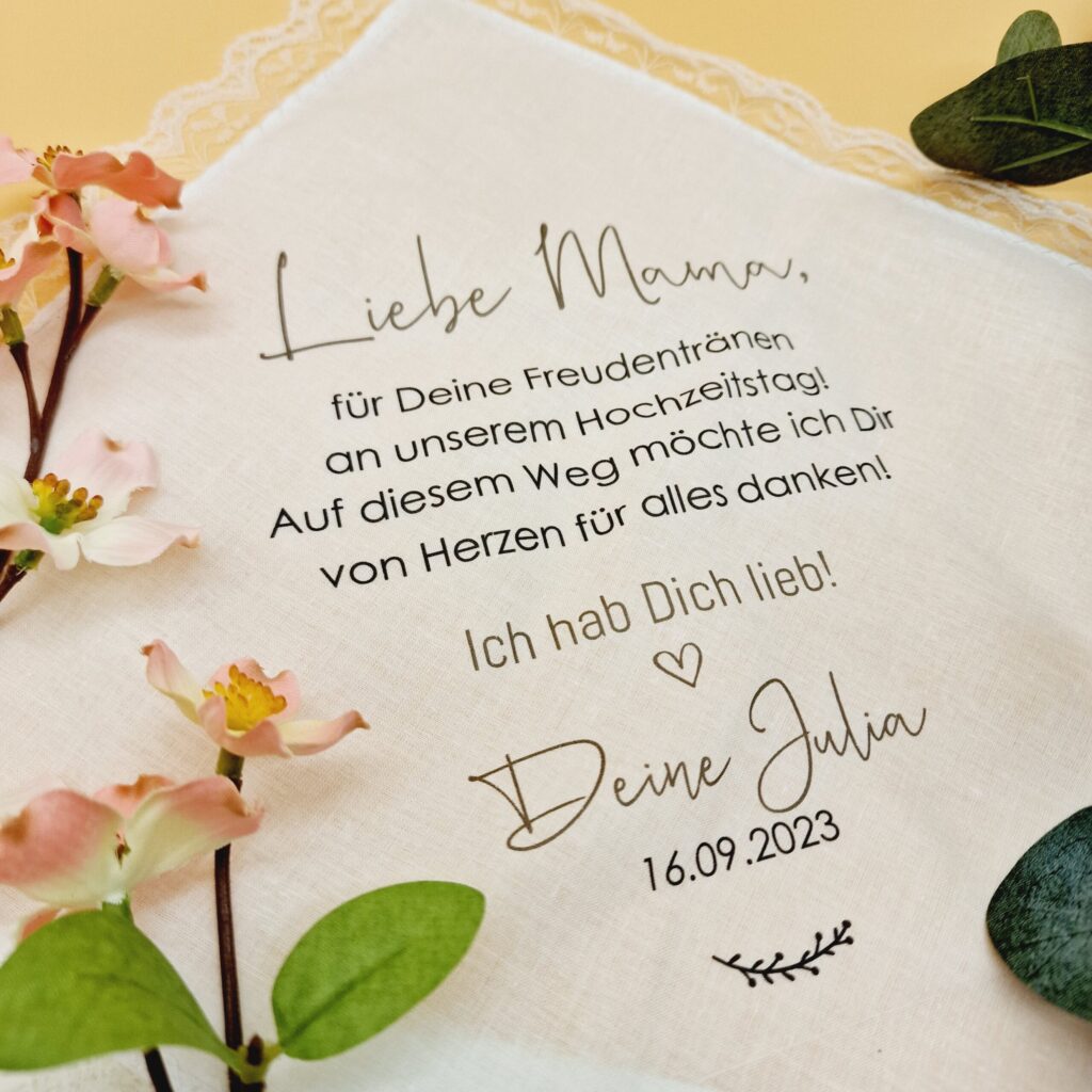 Stofftaschentuch "auf diesem Wege" für die Freudentränen, personalisiertes Taschentuch für die Brauteltern zur Hochzeit